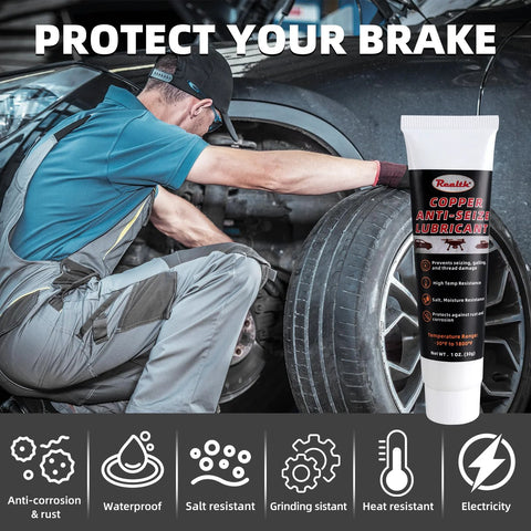 Front view of Realth copper anti-seize lubricant tube, 30 g, high-temperature grease beside a car wheel