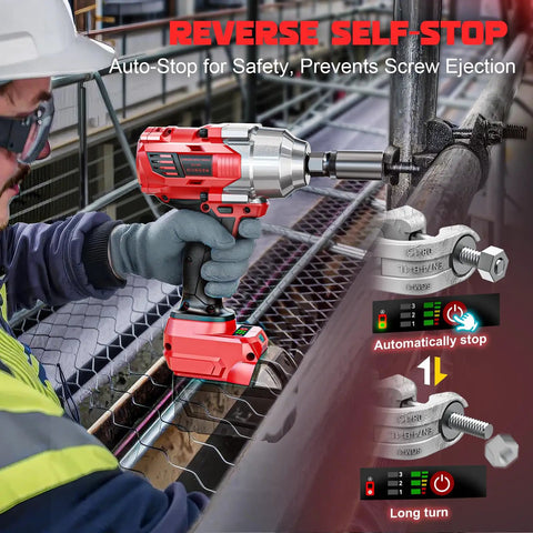 Pro Level Cordless Impact Wrench 3 8 Inch with LED light, ergonomic grip, and self-stop feature in use.