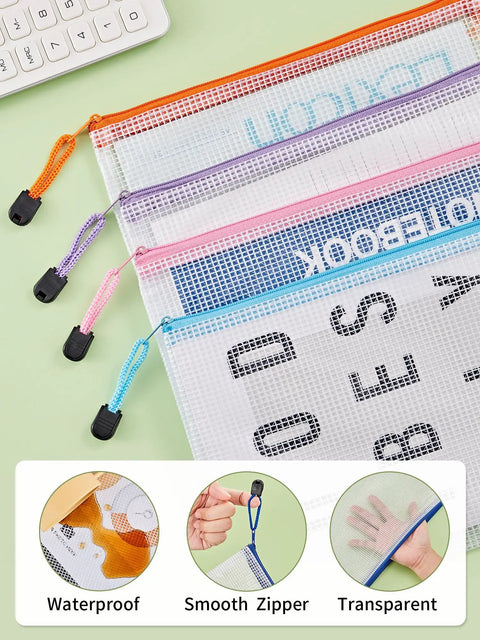 20 Pack Zipper Mesh Document Pouches Set, 6 By 9 Inch A5, Water Resistant Plastic File Bags in 10 Colors with smooth zippers
