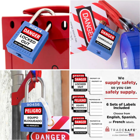 Blue Lockout Tagout Padlock Set With Seven Keyed Different Locks And Two Keys Per Lock, OSHA Compliant Safety Locks close-up on labels