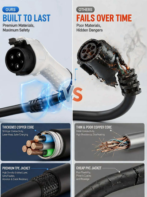 Comparison of Heavy Duty J1772 Extension Cable 21 Feet Long EV Charger Cord features versus inferior options, showcasing quality materials.
