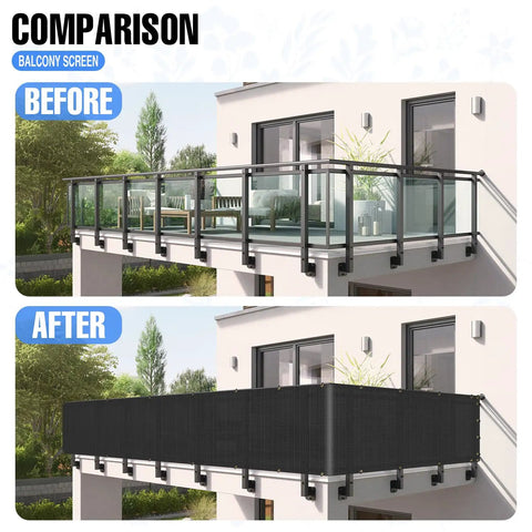 Comparison of balcony with and without Three Feet By Twelve Feet Balcony Privacy Fence Screen Cover, showing UV protection and privacy.