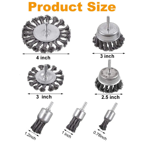 7 Piece Twist Knot Wire Brush Set For Drill includes various size knotted wheel and cup brushes, size labels in inches.