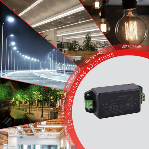 Workhorse 12 Volt 2.5 Amp 30 Watt Din Rail Power Supply in black housing for LED indoor lighting solutions.