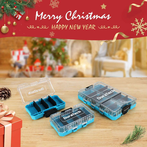 Three Piece Small Parts Organizer Case With 14 Compartments And Removable Dividers Portable Hardware Box With Clear Plastic Lid Durable PP And PC Plastic Storage For Tiny Tools Nuts Bolts And Accessories on a table with Christmas decor in background