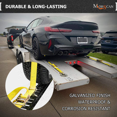 Car on trailer with 4 Pack E-Track Roller Idler Fittings For Heavy Duty Swivel Tie Down Anchors, showing yellow straps