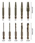 Hardworking Stubby Left Hand Reverse Drill Bit And Screw Extractor Set, 10-Piece M35 Cobalt Bits With 1/4 Inch Hex Shanks, SAE Sizes 5/64 To 19/64 Inch, Fits In Handy Case NordWolf shown with each bit and extractor in labeled order.
