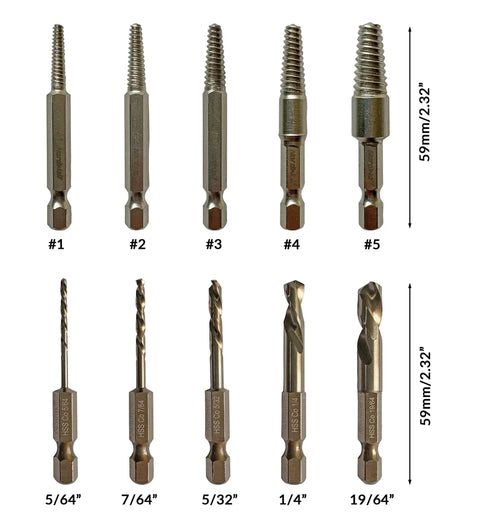 Hardworking Stubby Left Hand Reverse Drill Bit And Screw Extractor Set, 10-Piece M35 Cobalt Bits With 1/4 Inch Hex Shanks, SAE Sizes 5/64 To 19/64 Inch, Fits In Handy Case NordWolf shown with each bit and extractor in labeled order.