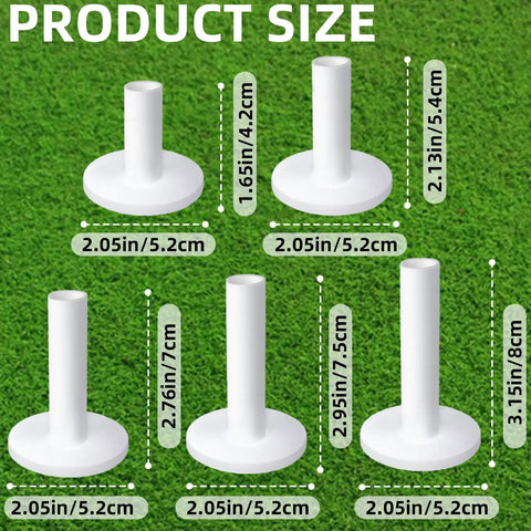 Unbreakable Rubber Golf Tees Built To Last For Practice Mats And Golf Simulators, 5-piece white set on grass with sizes shown