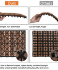 Comparison of interlocking deck tiles showing high strength, durable 12x12 inch wood floor tiles with easy snap lock system.