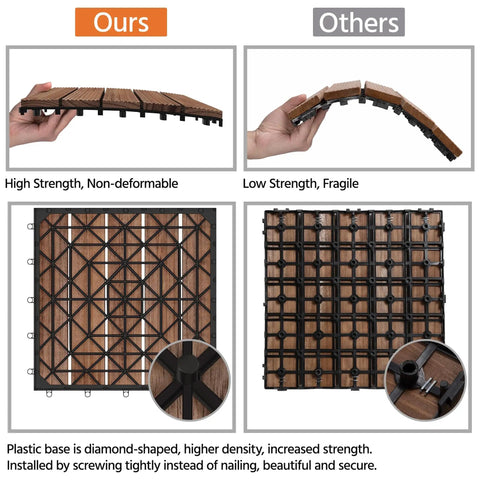 Comparison of interlocking deck tiles showing high strength, durable 12x12 inch wood floor tiles with easy snap lock system.