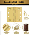 Beefy Solid Brass Door Hinges, Heavy Duty Ball Bearing, Polished Tarnish Aged Patina Gold, 4.5 By 4.5 Inches, Non Lacquered Brass With Decorative Tips, Set Of 24 Hinges, featuring polished brass finish and smooth mechanism