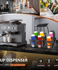 Three Slot Upright Paper Cup And Lid Dispenser for coffee stations with cups and lids on a counter beside espresso machine