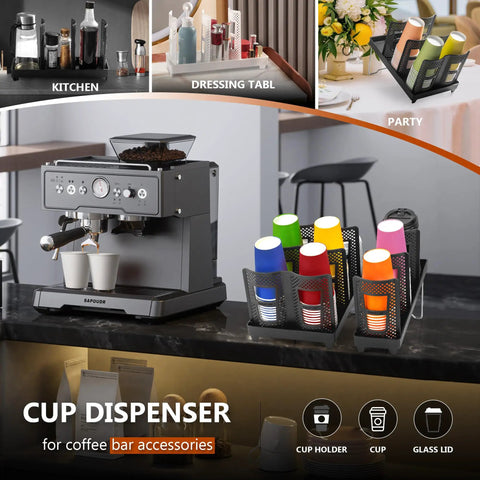 Three Slot Upright Paper Cup And Lid Dispenser for coffee stations with cups and lids on a counter beside espresso machine