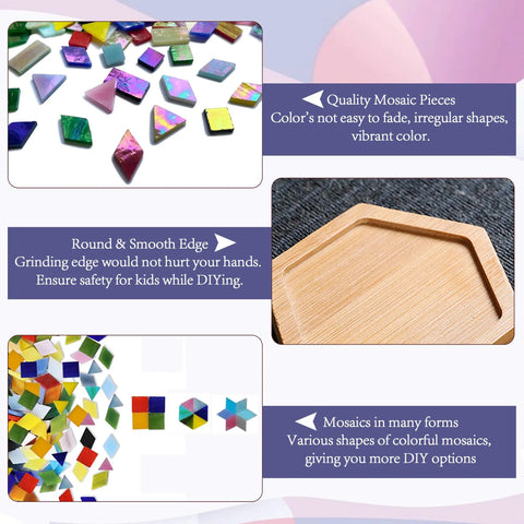 Ultimate Mosaic DIY Kit for Adults, mixed color stained glass tiles and wooden coaster bases shown in detail.