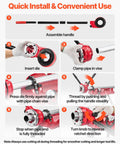 Step-by-step guide for VEVOR Ratchet Pipe Threader Kit with 6 Dies for 2 Inch NPT Pipes, showing assembly and use.