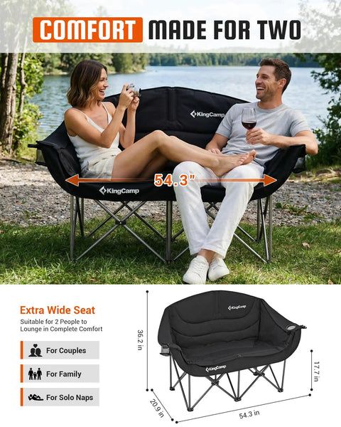 Two Person Camping Chair Oversized and Comfortable Heavy Duty 660 Lb Capacity Portable Folding Two Seat Couch With Cup Holders