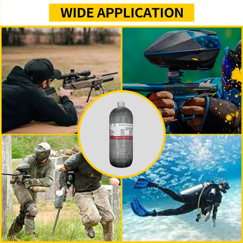 4500 Psi Carbon Fiber 2L HPA Paintball Tank System For High Pressure Air shown for shooting and scuba uses