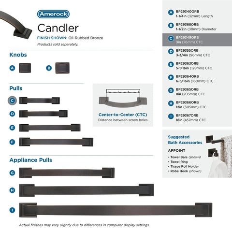 Oil Rubbed Bronze Cabinet Pull 3 Inch Center To Center 4 3/8 Inch Overall Length Transitional Candler Drawer Pulls display