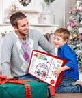 Father and son excitedly holding Creative Fort Building Kit For Kids STEM Construction Toys in festive setting.