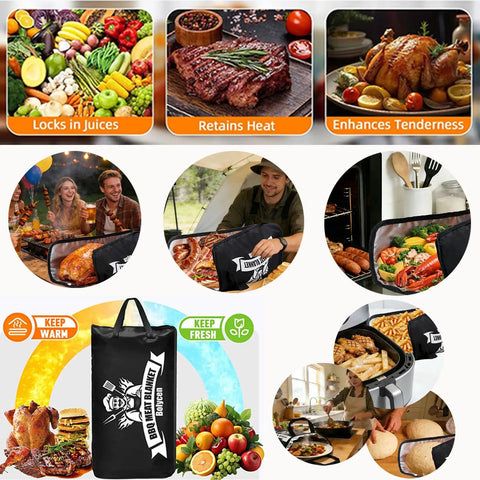 Collage showing Insulated Meat Resting Blanket For BBQ And Smoking, retaining heat, enhancing tenderness with various meat dishes