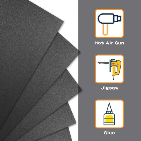 Black ABS Plastic Sheet 12 x 16 x 2mm 6 Pack Flexible Like Plexiglass Moldable Like Acrylic shown with usage tools.