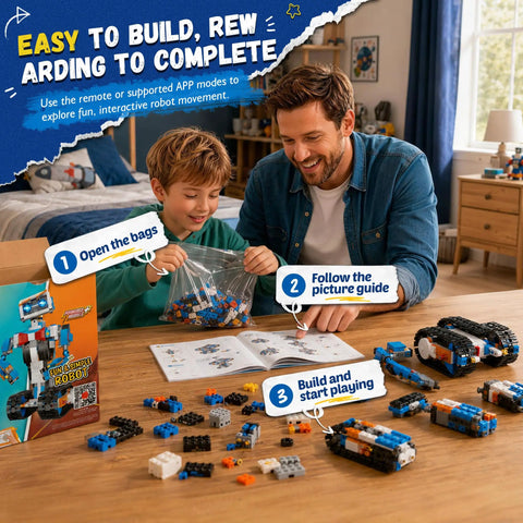 Awesome Remote Control Robot Building Kit For Kids Ages 6 To 12 With App Control And Coding Lessons being assembled by a parent and child