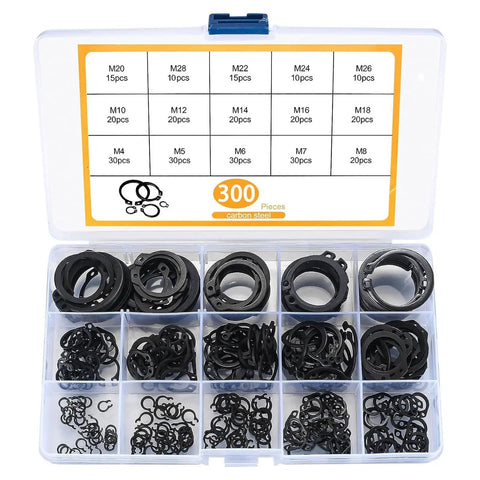 Top Tier 4Mm To 28 Retaining Rings Assortment With 300 Heavy Duty Steel Circlips For Machinery And Auto Repair Jobs That Actually Stick Tight Without Rusting or Breaking Under Pressure in a storage box.