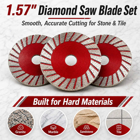 Built Tough 1.57 Inch Diamond Saw Blades Set For Granite Marble And Sandstone showing three precision cutting discs on a marble surface.
