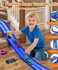 Child playing with 15 Foot Flexible Double Lane Race Track For 1 64th Diecast Cars, Rolls Up Portable Racetrack With 10 Suction Cups, Blue Color