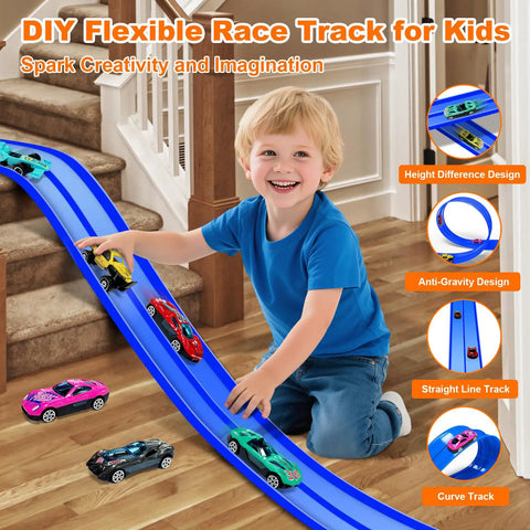 Child playing with 15 Foot Flexible Double Lane Race Track For 1 64th Diecast Cars, Rolls Up Portable Racetrack With 10 Suction Cups, Blue Color