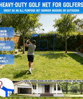 Man practicing with 10 By 10 Ft Golf Net With Target Pocket For Home Practice in a backyard, featuring blue polyester net and target design
