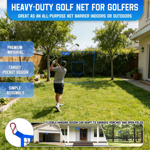 Man practicing with 10 By 10 Ft Golf Net With Target Pocket For Home Practice in a backyard, featuring blue polyester net and target design