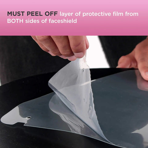 Close-up of protective film being peeled off Pack Of 4 Pink Frame Face Shields With Ultra Clear Full Face Protection, Anti Fog PET Plastic Goggles