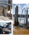 Folding Dock Boat Ladder 4 Step Heavy Duty Stainless Steel Marine Yacht Ladder With Removable Swim Deck shown on a dock.