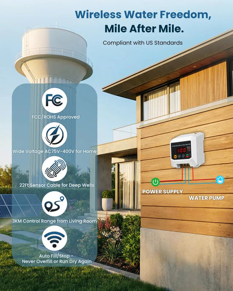 Wireless Water Level Controller With Long Range 9842ft Auto Pump Control System on house wall near water tower.