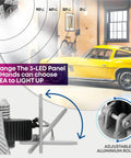 Ultra Bright LED Ceiling Light With 144 LEDs, 5500 Lumens, 6500K Daylight White showing adjustable panels in garage