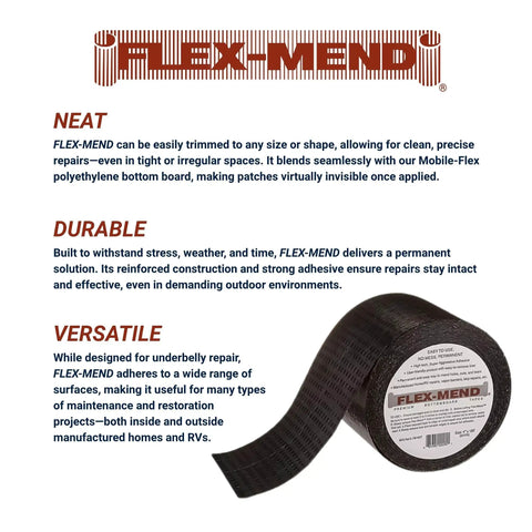 Heavy Duty Belly Repair Tape For Manufactured Homes 4 Inch By 108 Foot Waterproof Patch roll with label visible on white background.