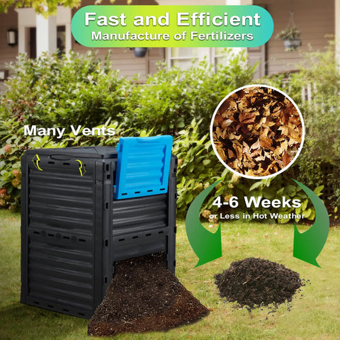 80 Gallon Garden Compost Bin Made From Durable PP Material Easy Assembly With Vented Design shown with compost in backyard