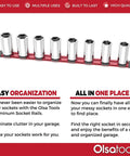 Three Quarters Inch Drive Socket Organizer Red Rail For Impact Sockets with aluminum holder and ABS clips, eight sockets displayed.
