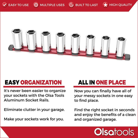Three Quarters Inch Drive Socket Organizer Red Rail For Impact Sockets with aluminum holder and ABS clips, eight sockets displayed.