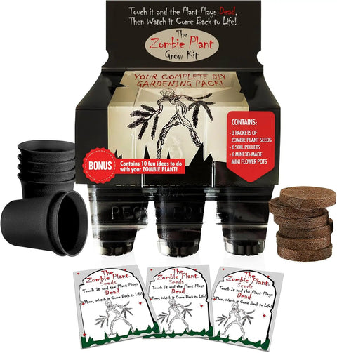 Touch Me Not Mimosa Pudica Plant Kit Interactive Zombie Plant Grow Kit with seed packs, pots, and soil pellets shown.