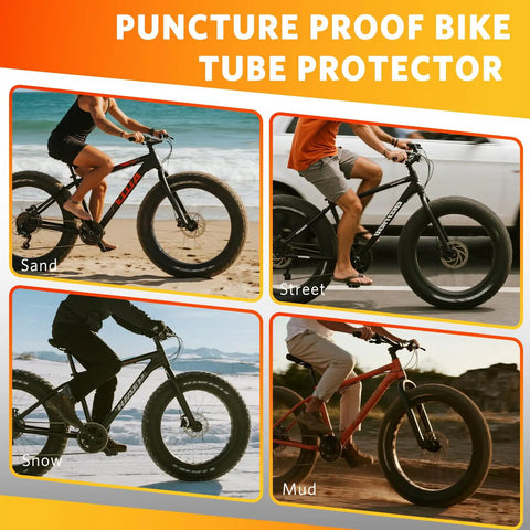 Collage showing the 20x4.0 Tire Insert Puncture Proof Bicycle Tube Protector in sand, street, snow, and mud conditions.