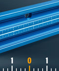 Close-up of 36 Inch Universal T Track With Double Cut Profile and Laser Etched Measurements, showcasing blue aluminum and scale.