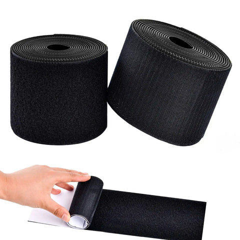 Heavy Duty Hook And Loop Tape With Adhesive 4 Inch By 18 Feet Black Nylon Strips for couches and rugs, shown in rolls.