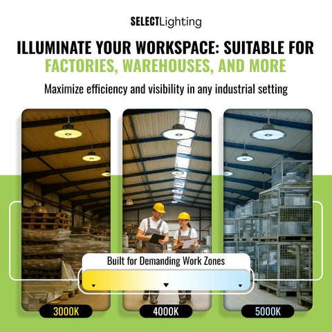 Hella Bright High Bay LED Shop Light 200W 160W 115W Selectable, 29000 Lumens, Multi CCT 3000K 4000K 5000K, warehouse interior
