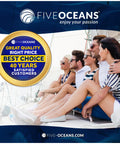 Group of people on a boat with Five Oceans branding, highlighting product choice and customer satisfaction seal.