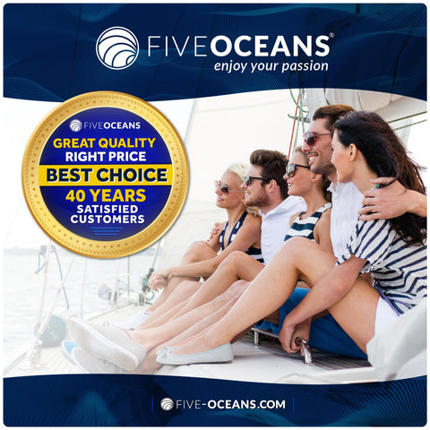 Group of people on a boat with Five Oceans branding, highlighting product choice and customer satisfaction seal.