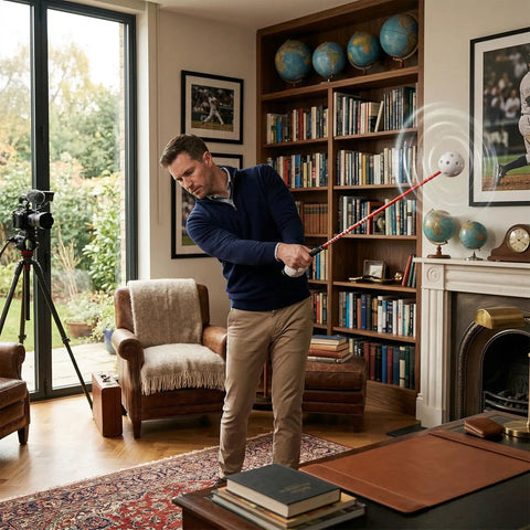 Man using Indoor Golf Swing Trainer 47 Inch With Audio Feedback Perfect For Home Office And Living Room in a study room.