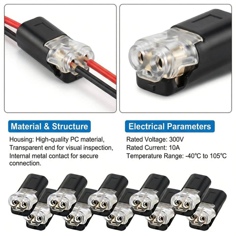 Two Pin Quick Clip Wire Connectors with Locking Buckle, transparent end for secure low-voltage wiring, 100 pack